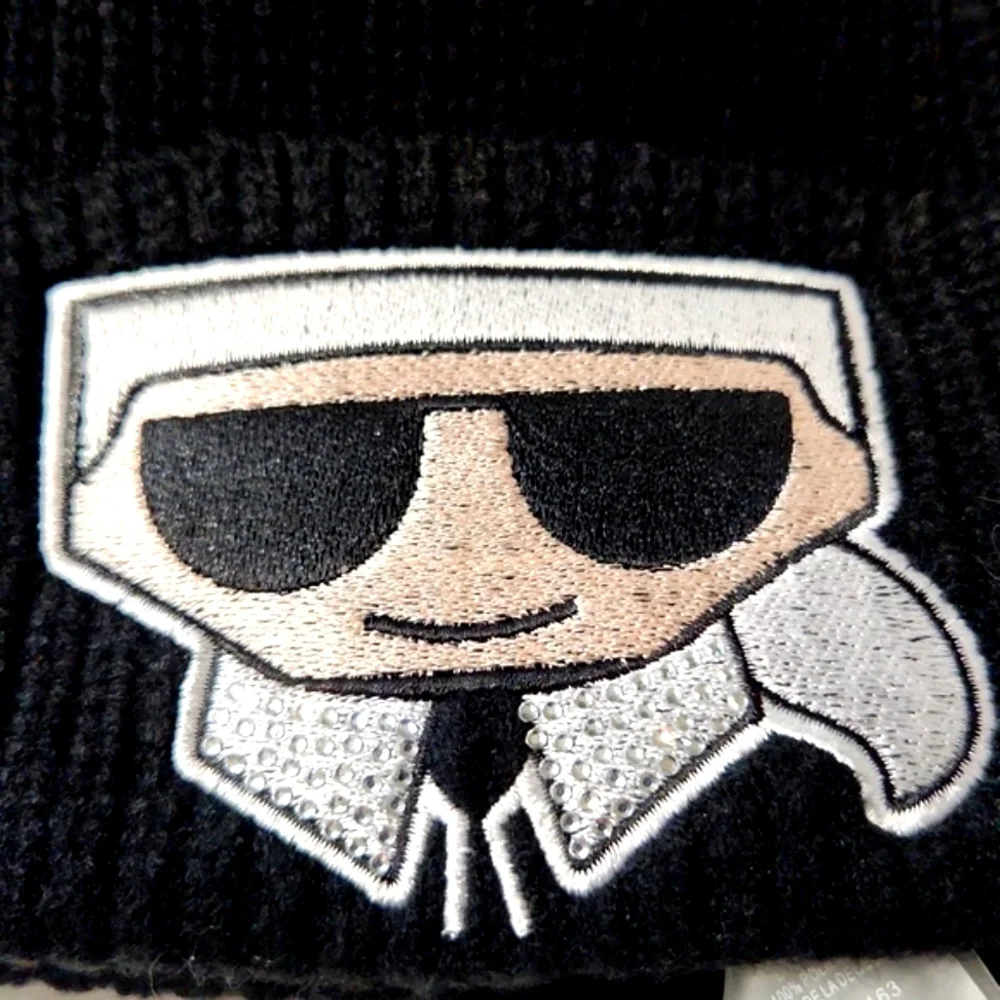 NWT Karl Lagerfeld Black Rhinestone Faux Fur Pom-Pom Beanie